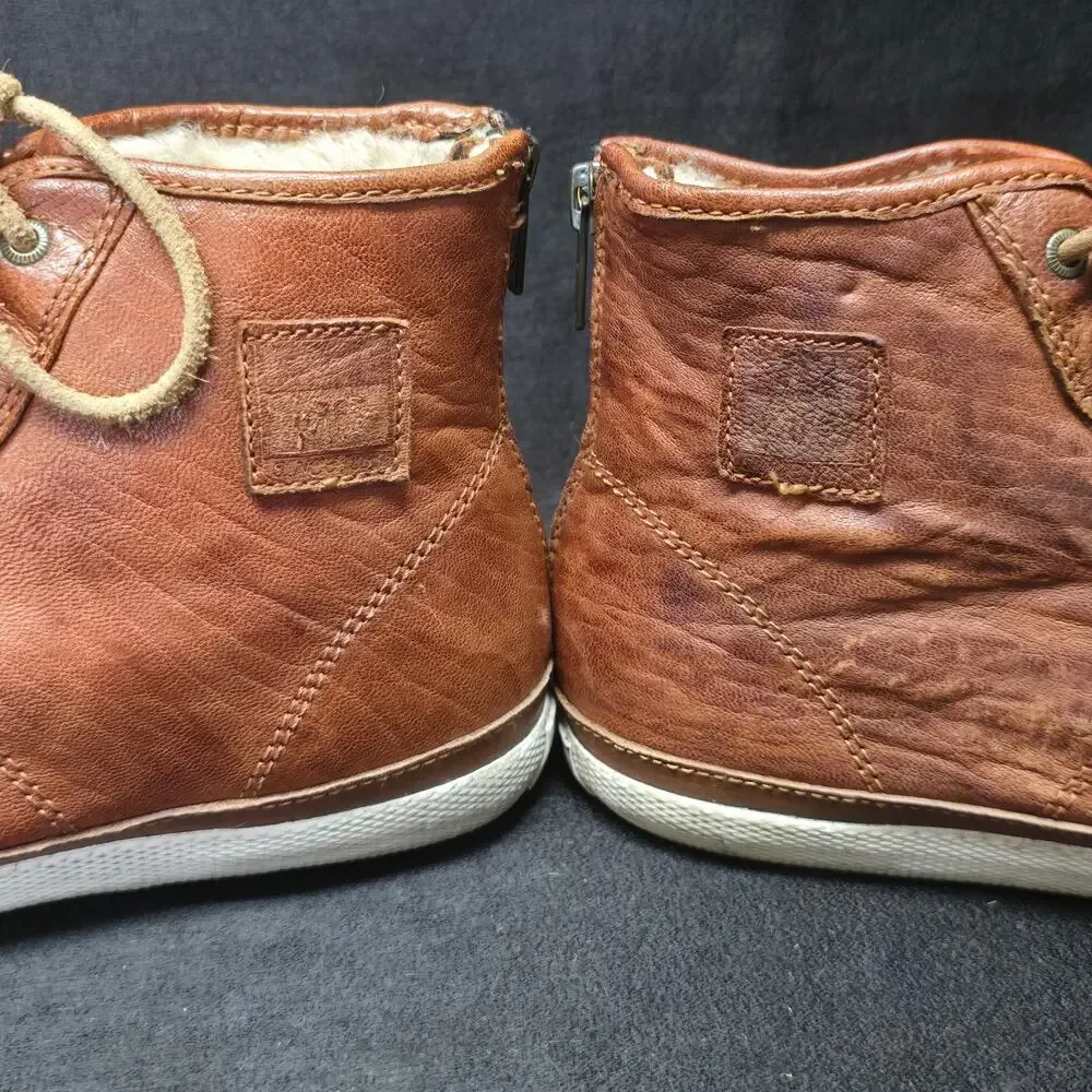 Frye Sheepskin Brown Leather High Top Zip Back Ankle Booties Sneakers Shoes